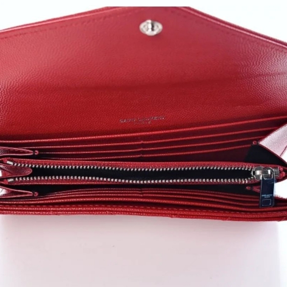 RARE & Auth YSL SAINT LAURENT Long Flap Wallet In Grain Embossed Leather in Red - Picture 7 of 15